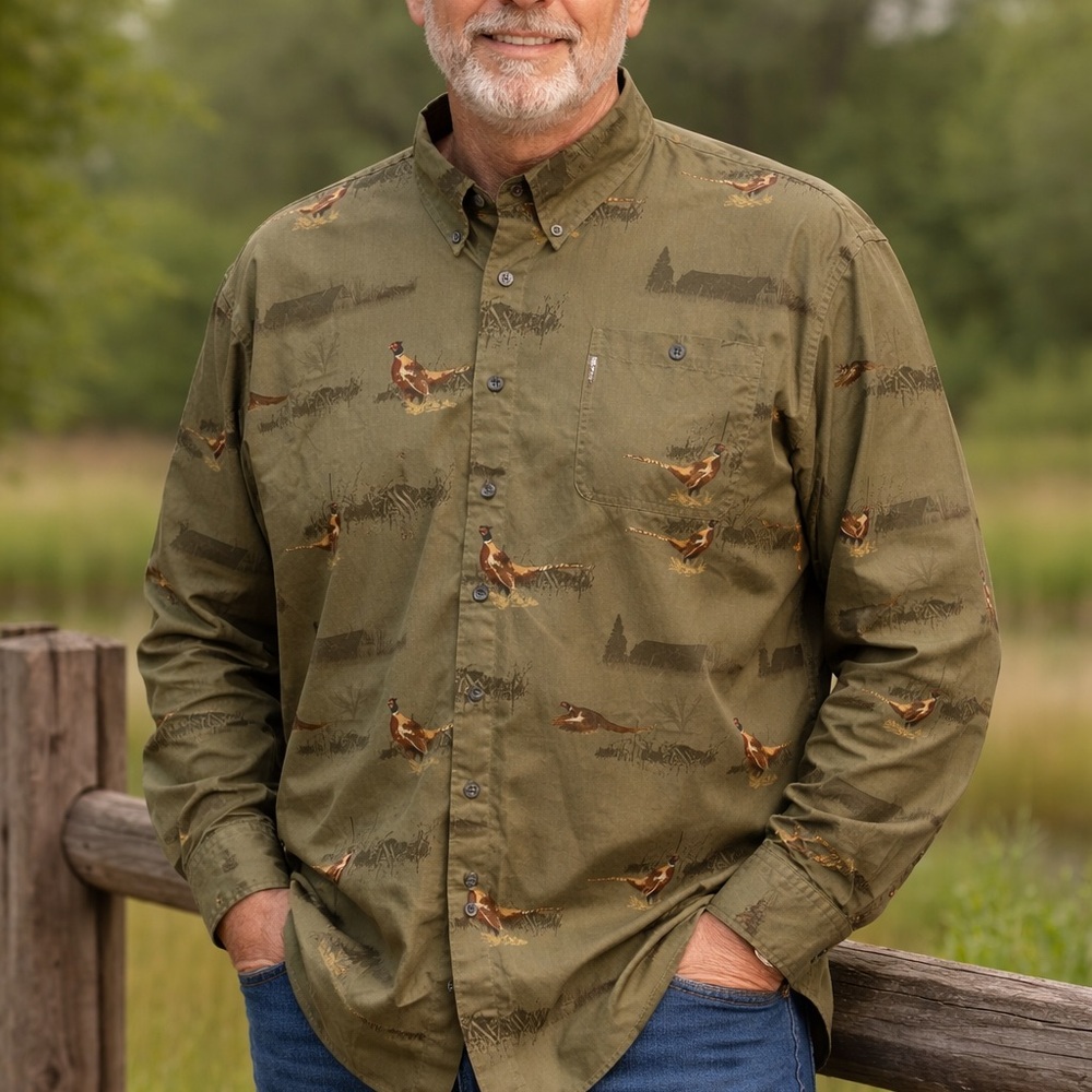 Columbia Olive Green and Brown Cockbird Print Long Sleeve Shirt